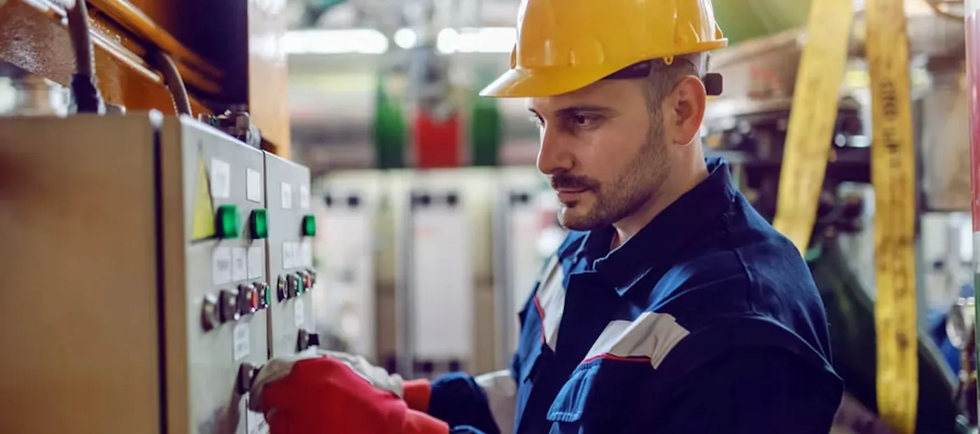 Technician in a hard hat operating a control panel on a production floor